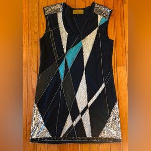 Nicole Miller PARTY Dress Sexy BLING Black ClubbingTurquoise Silver Sequined